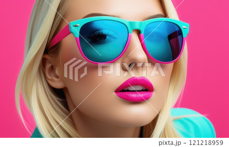 Vibrant portrait of woman in colorful sunglasses and makeup on pink background 121218959