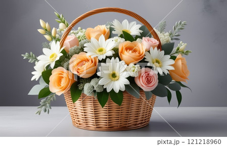 Elegant flower basket with peach roses and white daisies 121218960