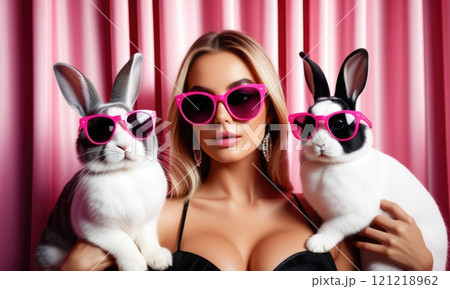 Fashionable woman with sunglasses holding stylish rabbits against pink curtain backdrop 121218962