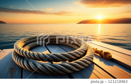 Serene sunset over calm ocean with coiled rope on wooden pier 121218963