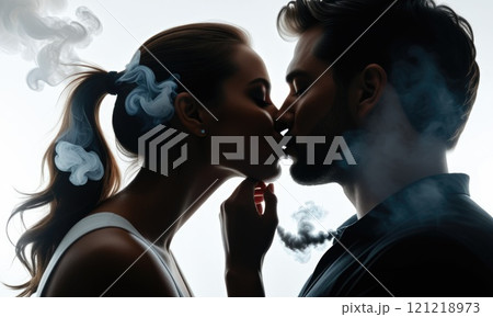 Silhouette of a romantic couple kissing surrounded by smoke in soft light 121218973