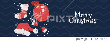 Christmas horizontal banner with Santa's hat, a stocking, mittens, and a gift sack in a flat cartoon style. Vector illustration for poster, banner, invitation, etc Christmas horizontal banner with Santa's hat, a stocking, mittens, and a gift sack in a flat cartoon style. Vector illustration for poster, banner, invitation, etc 121219132