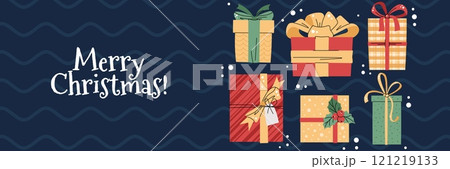 Christmas horizontal banner with gift boxes on a blue background in a flat cartoon style. Vector illustration for poster, banner, invitation, etc. 121219133