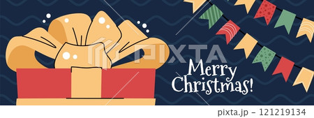 Christmas horizontal banner with a red gift box, a garland in a flat cartoon style. Vector illustration for poster, banner, invitation, etc. 121219134