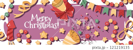 Christmas horizontal banner with fireworks, a party popper, a garland, and confetti on a pink background in a flat cartoon style. Vector illustration for poster, banner, invitation, etc. 121219135