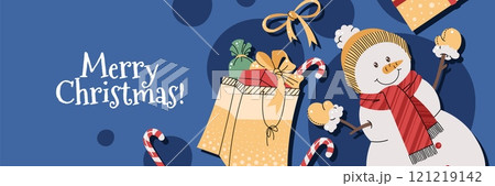 Christmas horizontal banner with a snowman and gifts on a blue background in a flat cartoon style. Vector illustration for poster, banner, invitation, etc. 121219142