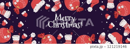 Christmas horizontal banner with Santa Claus s items on a yellow background in a flat cartoon style. Vector illustration for poster, banner, invitation, etc 121219146