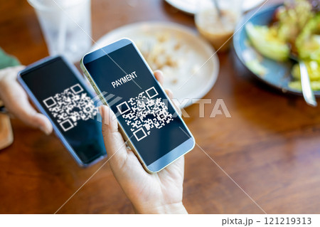 Hands holding mobile phone, Hand using mobile phone application to scan QR code, Qr code payment or cashless technology concept, Coffee shop accepting digital pay without money, Meaningless QR code. 121219313