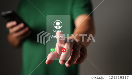 Man answering to incoming call, Phone call from unknown number, Unknown number calling in the middle of the night, Phone call from stranger, Call center gang, scammer or stranger. 121219317