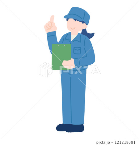 クリップボードを持ち上を指さす作業服を着た女性のフラットなイラスト 121219381