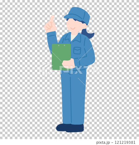 クリップボードを持ち上を指さす作業服を着た女性のフラットなイラスト 121219381