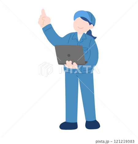ノートパソコンを持ち上を指さす作業服を着た女性のフラットなイラスト ノートパソコンを持ち上を指さす作業服を着た女性のフラットなイラスト 121219383