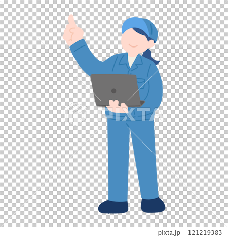 ノートパソコンを持ち上を指さす作業服を着た女性のフラットなイラスト ノートパソコンを持ち上を指さす作業服を着た女性のフラットなイラスト 121219383