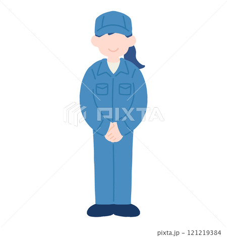 正面で手を組んで立つ作業服を着た女性のフラットなイラスト 正面で手を組んで立つ作業服を着た女性のフラットなイラスト 121219384