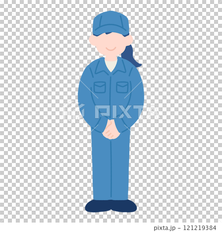 正面で手を組んで立つ作業服を着た女性のフラットなイラスト 正面で手を組んで立つ作業服を着た女性のフラットなイラスト 121219384