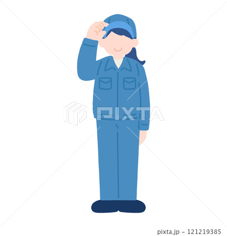 作業帽に手を添えて立つ作業服を着た女性のフラットなイラスト 作業帽に手を添えて立つ作業服を着た女性のフラットなイラスト 121219385