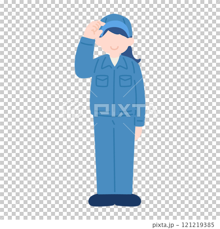 作業帽に手を添えて立つ作業服を着た女性のフラットなイラスト 作業帽に手を添えて立つ作業服を着た女性のフラットなイラスト 121219385