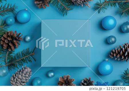 Cardboard blank gift box close up in blue colors. Blue balls, cones and fir tree twigs around. Christmas flat lay. Cardboard blank gift box close up in blue colors. Blue balls, cones and fir tree twigs around. Christmas flat lay. 121219705