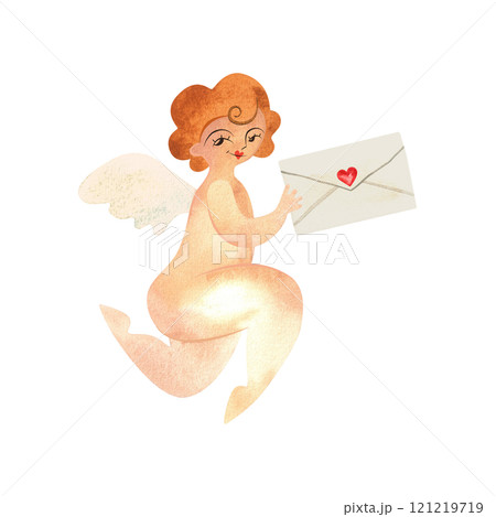 Cupid or Amor, the Greek god of love, holding a love letter. Engagement message or date invitation. Golden-haired baby with wings. Character. Isolated watercolor illustration for Valentine. Clipart. Cupid or Amor, the Greek god of love, holding a love letter. Engagement message or date invitation. Golden-haired baby with wings. Character. Isolated watercolor illustration for Valentine. Clipart. 121219719