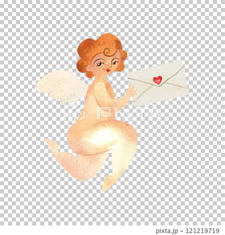 Cupid or Amor, the Greek god of love, holding a love letter. Engagement message or date invitation. Golden-haired baby with wings. Character. Isolated watercolor illustration for Valentine. Clipart. Cupid or Amor, the Greek god of love, holding a love letter. Engagement message or date invitation. Golden-haired baby with wings. Character. Isolated watercolor illustration for Valentine. Clipart. 121219719