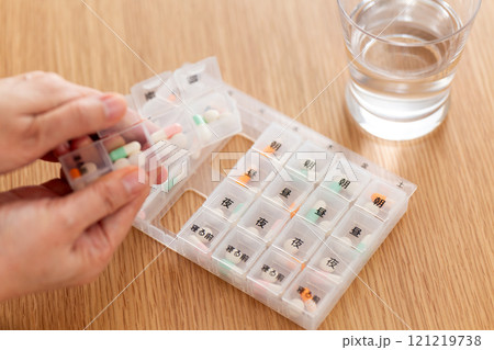 ピルケースに入った常用薬を飲むミドル〜シニア女性の手元 121219738