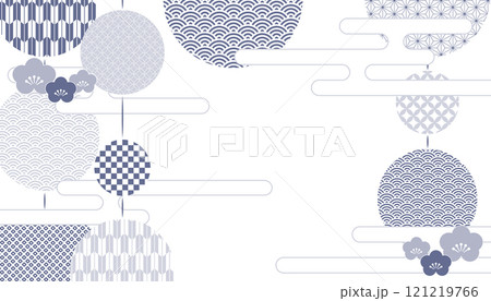 16:9サイズのベクターイラストデータ：日本の伝統的な柄を集めた藍色の背景素材 121219766