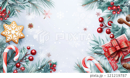 Christmas background with candy cane, gingerbread, twigs, berries, gift boxes and snowflakes Christmas background with candy cane, gingerbread, twigs, berries, gift boxes and snowflakes 121219787