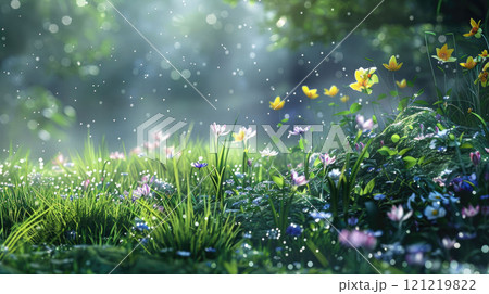 Green meadow with small spring flowers, bright morning lighting and dew drops on the grass 121219822