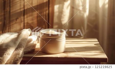 A round jar with a lid and a towel against a backdrop of wood. Cozy mockup for beauty products 121219825