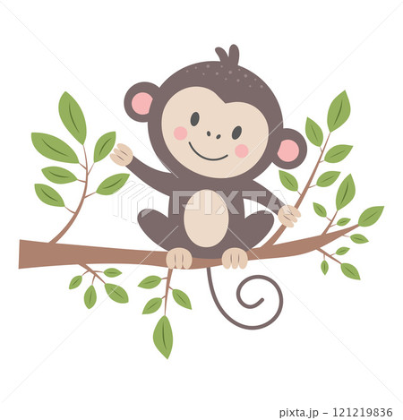Cute monkey on tree branch isolated on white background. Cartoon nursery art baby character. 121219836