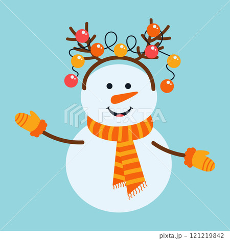 Cute snowman with deer horns and garland. Christmas funny winter character. Vector flat hand drawn illustration. Cute snowman with deer horns and garland. Christmas funny winter character. Vector flat hand drawn illustration. 121219842