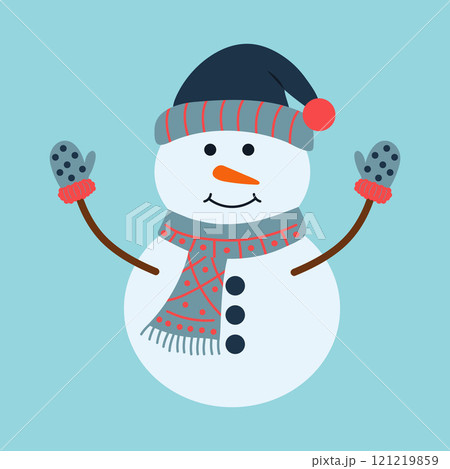 Cute snowman in hat, scarf and mittens. Christmas funny winter character. Vector flat hand drawn illustration. Cute snowman in hat, scarf and mittens. Christmas funny winter character. Vector flat hand drawn illustration. 121219859