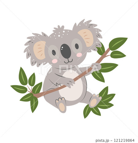 Cute koala on a branch isolated on white background. Cartoon nursery art baby character. Cute koala on a branch isolated on white background. Cartoon nursery art baby character. 121219864
