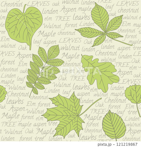 Seamless pattern with leaves on text background Seamless pattern with leaves on text background 121219867