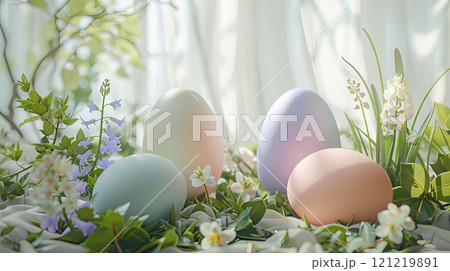 Easter eggs in pastel colors among fresh greenery, with small flowers like hyacinths and daffodils, Easter eggs in pastel colors among fresh greenery, with small flowers like hyacinths and daffodils, 121219891