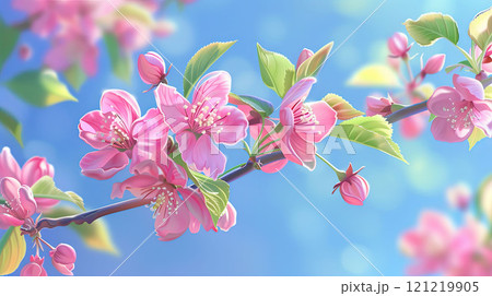 Blossoming sakura or apple tree branch with bright pink flowers, blue sky as background 121219905