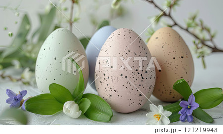 Easter eggs in pastel colors among fresh greenery, with small flowers like hyacinths and daffodils 121219948