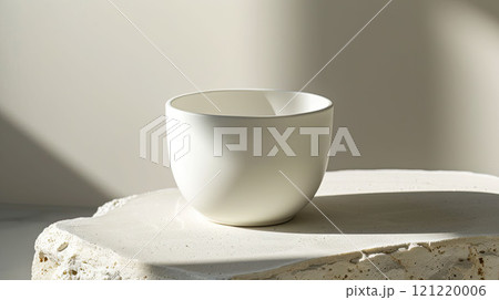 White ceramic cup on a light gray background, minimalistic style, with enough space for design, soft shadows 121220006