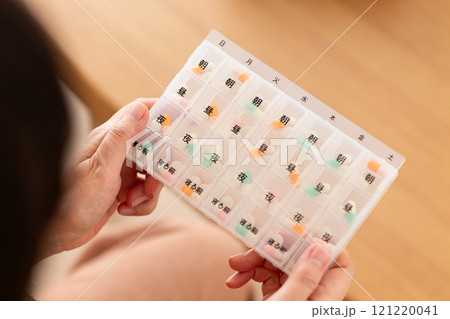 ピルケースに入った常用薬を持つミドル〜シニア女性の手元 121220041