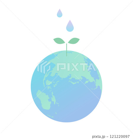 エコロジーイメージの若葉が生えている青い地球と水滴のイラスト 121220097