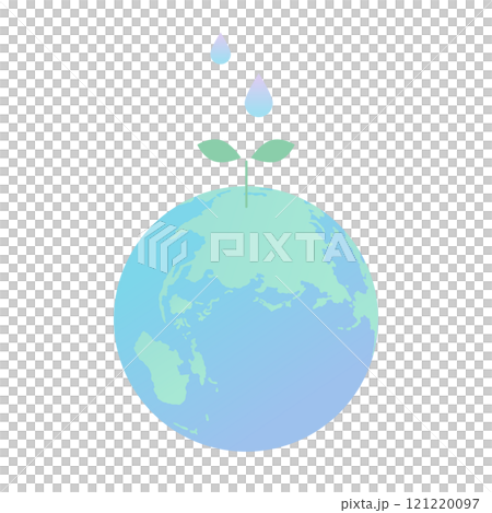 エコロジーイメージの若葉が生えている青い地球と水滴のイラスト 121220097
