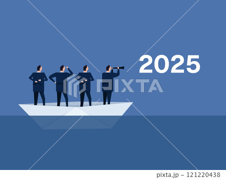 leader navigate in ship with employee business person looking for future new year company leadership looking at 2025 telescope 121220438