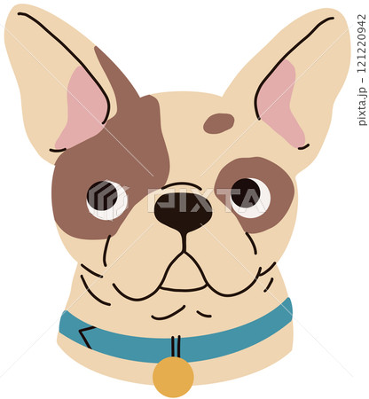French bulldog breed, cute puppy. Little dog head, canine portrait, avatar. Funny doggy muzzle, snout. Small pup face with collar. Flat graphic vector illustration isolated.	 121220942