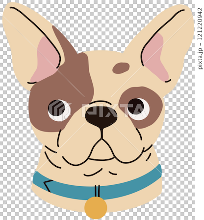 French bulldog breed, cute puppy. Little dog head, canine portrait, avatar. Funny doggy muzzle, snout. Small pup face with collar. Flat graphic vector illustration isolated.	 121220942