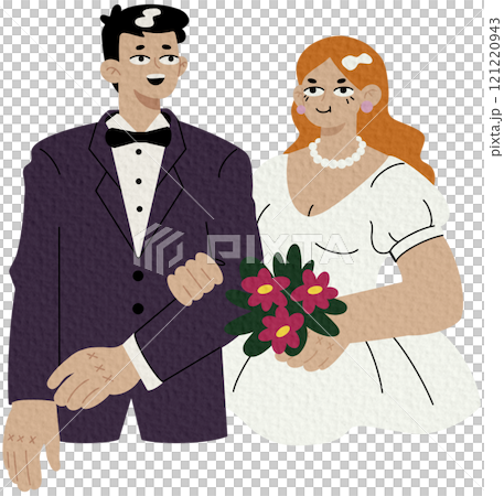 Wedding ceremony. Bride and groom standing together in a formal clothes. Flat vector illustration. Wedding ceremony. Bride and groom standing together in a formal clothes. Flat vector illustration. 121220943