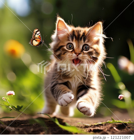 the AI Image Generator, Playful Kitten Chasing A Butterfly 121221007