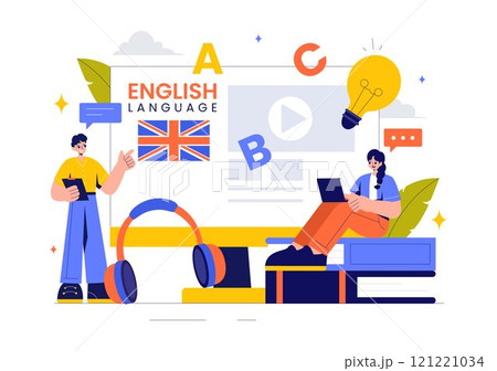 English Language Vector Illustration featuring Students Studying Foreign Languages, Global Communication, and Elementary Grammar Lessons Background 121221034
