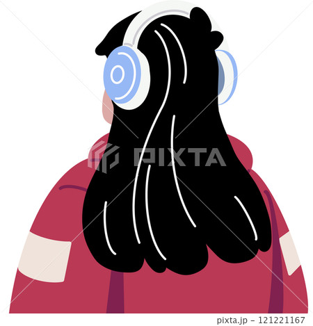 Girl with long black hair listens to music with headphones back view. Young woman with song, audio podcast playing in earphones, headset. Flat	 121221167