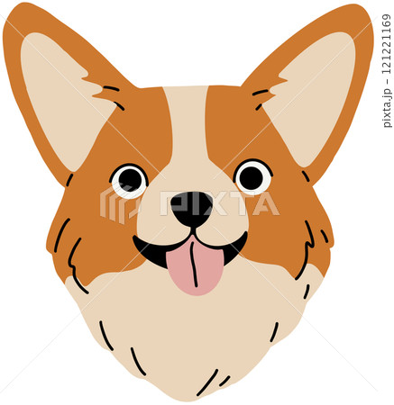 Cute dog head of Welsh Corgi breed. Happy companion doggy, canine face avatar. Funny smiling puppy with tongue, muzzle portrait. Flat vector illustration  121221169