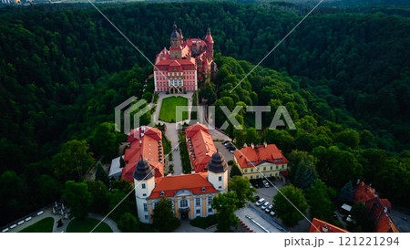 Aerial View of Historic Ksiaz Castle Surrounded by Forest Aerial View of Historic Ksiaz Castle Surrounded by Forest 121221294